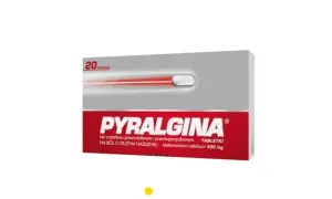 Opakowanie Pyralginy 20 tabletek. Lek na ból o dużym nasileniu, przeciwgorączkowy.