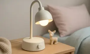 Urocza lampka nocna dla dzieci, która rozświetli pokój malucha. Obok niej stoi mały, ceramiczny jelonek.