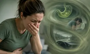 Donna soffre di bruciore di stomaco e nausea. Immagini di uno stomaco, vomito e guida suggeriscono reflusso e la ricerca di rimedi rapidi.