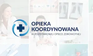 Lekarz tworzy serce z dłoni, symbolizując troskę. Napis "Opieka koordynowana" podkreśla holistyczne podejście do pacjenta.