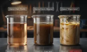 Trois béchers montrent l'évolution du liquide de refroidissement : clair, marron foncé, puis aspect "mayonnaise". Un liquide de refroidissement marron foncé indique un danger.