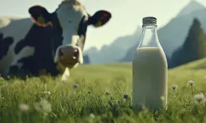 Eine Kuh auf einer grünen Wiese, im Vordergrund eine Flasche Milch. Das ist die Essenz von Rohmilch – frisch und unverarbeitet, direkt vom Bauernhof.