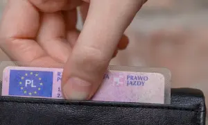 Dłoń wkłada polskie prawo jazdy do czarnego portfela. Czas na wymianę prawa jazdy?