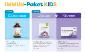 Das IMMUN-Paket KIDS bietet eine zweiphasige darmkur für Kinder: Phase 1 mit Casa Sana DARMREINIGUNG KIDS, Phase 2 mit Lactobact Junior Drops und DentaSan ProbioPROTECT.