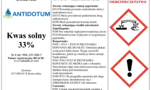 Etykieta ostrzegawcza dla kwasu solnego 33%, zawierająca piktogramy zagrożenia i instrukcje dotyczące bezpieczeństwa.