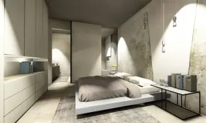 Camera da letto moderna con un elegante bagno in camera. Arredamento minimalista, luci soffuse e un'atmosfera rilassante.
