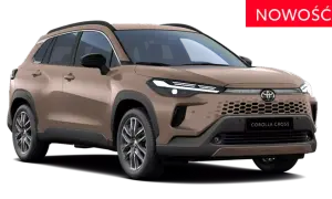 Nowy brązowy Toyota Corolla Cross Hybrid, z napisem "NOWOŚĆ" na czerwonym tle.