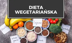 Naczynia z produktami roślinnymi: owoce, warzywa, nasiona, rośliny strączkowe i zboża.