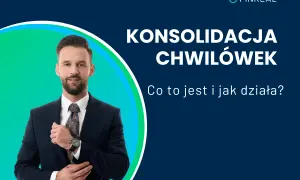 Mężczyzna w garniturze poprawia mankiet koszuli na tle grafiki z napisem "Konsolidacja chwilówek".