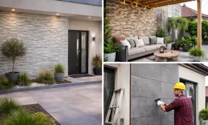 Modern exterior design featuring a stone porch, a cozy patio with a sofa, and a worker installing stone cladding.