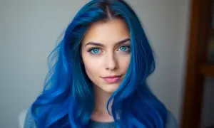 Młoda kobieta z burzą niebieskich włosów, której niebiesko zielone oczy przyciągają wzrok.