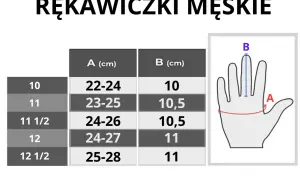 Tabela rozmiarów rękawiczek męskich z pomiarem obwodu dłoni (A) i długości palca środkowego (B).