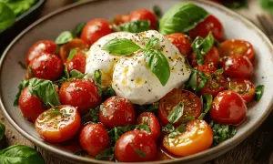 Burrata-Salat mit Kirschtomaten und Basilikum, beträufelt mit Olivenöl und Gewürzen.