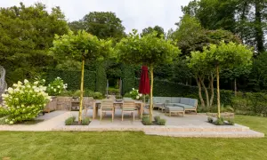 Ein gepflegter Garten mit einer hohen Hecke, die Privatsphäre schafft. Eine Terrasse mit Essbereich und Lounge lädt zum Verweilen ein.