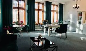 Eleganckie wnętrze biura z oknami, zasłonami, meblami i kwiatami.