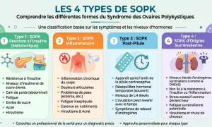 Infographie présentant les 4 types de SOPK : résistant à l'insuline, inflammatoire, post-pilule et d'origine surrénalienne. Un bon sopk traitement dépend du type.