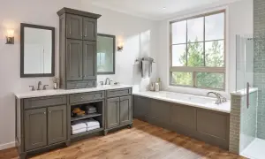 A spacious bathroom with a double vanity, featuring a mirror above each sink. The question of what size mirror for a 48-inch vanity is answered by the image, showing two mirrors, one for each sink.