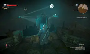 Geralt stoi przed mechanizmem Słonecznego Kamienia w Wiedźminie 3, gotów do rozwiązania zagadki luster.