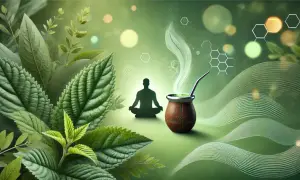 Zielone liście, naczynie z yerba mate i sylwetka medytującej osoby. Obrazek symbolizuje, jak działa yerba mate – połączenie natury, spokoju i energii.