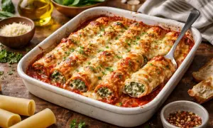 Cannelloni à la viande, gratinés et dorés, baignant dans une sauce tomate savoureuse. Un plat réconfortant prêt à être dégusté.