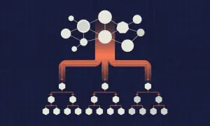 Schéma hiérarchique de nœuds connectés, illustrant la distribution d'informations ou de requêtes, comme dans un système DNS IP.