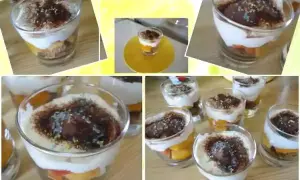 Délicieux tiramisu nectarine en verrines, superposant fruits, crème et cacao. Parfait pour un dessert fruité et gourmand.