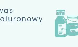 Co to jest kwas hialuronowy? Ilustracja przedstawia butelki z substancjami chemicznymi, w tym jedną z etykietą HCl.