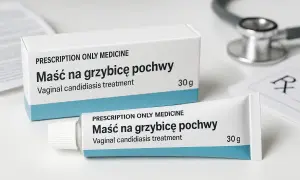 Maść na grzybicę pochwy w tubce i pudełku, obok stetoskopu i recepty.