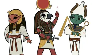 Tre stiliserade figurer av egyptisk gud. En kvinna med orm på huvudet, en man med falkhuvud och en grön man med krona.