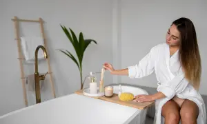 Mujer en bata blanca prepara su **zona de relax** en el baño, con velas, difusor y esponja.