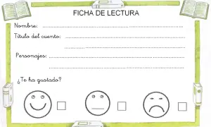 Ficha cuento infantil para escribir el nombre, título, personajes y calificar si te ha gustado con caritas.