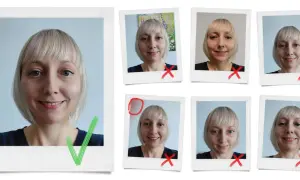 Portret fotografia: kobieta z blond włosami i niebieskimi oczami, z zielonym zaznaczeniem i kilkoma czerwonymi krzyżykami.