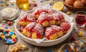 Scroccafusi di Macerata, dolcetti friabili con glassa rossa e zucchero, pronti per Carnevale.
