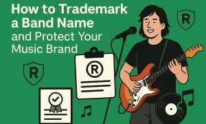 Illustration about how to trademark a band name. A musician plays guitar next to a microphone, with documents showing a registered trademark symbol.