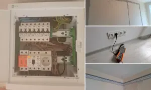 Nowa wymiana instalacji elektrycznej: rozdzielnica z zabezpieczeniami, gniazdka podłączone do pomiaru i kable w ścianach.