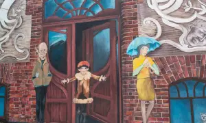 Mural w Poznaniu: starszy pan z kubkiem, dziecko w płaszczyku i kobieta z parasolką czekają przed drzwiami.