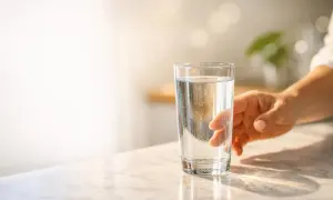 Mano che afferra un bicchiere d'acqua frizzante, un gesto semplice per stimolare la cacca e sentirsi meglio.