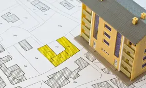 Model budynku mieszkalnego na mapie działek. Żółte pola wskazują obszar, który może być objęty podatkiem katastralnym.
