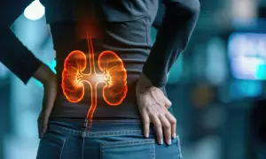 Ból w dolnej części pleców może sygnalizować urosepsę. Widoczne podświetlone nerki i moczowody.