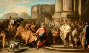 Thésée, le héros, affronte un taureau furieux, prélude à sa confrontation avec le Minotaure. Une foule observe la scène antique.