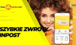 Uśmiechnięta kobieta trzyma smartfon z aplikacją InPost do nadawania przesyłek.