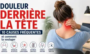 Une femme se tient la nuque, zone rouge indiquant une douleur derrière la tête. L'image liste 10 causes fréquentes de ce mal.