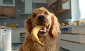 Złoty retriever z bananem w pysku. Czy pies może jeść banana? Ten słodziak zdaje się odpowiadać twierdząco, choć ostrożnie.