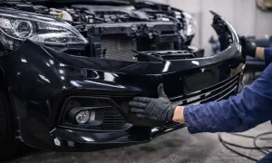 Mechanik w czarnej rękawiczce przykłada czarny zderzak do przodu samochodu.