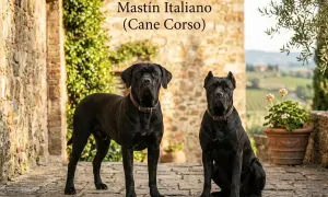Dos perros **cane corso adulto** posan con porte majestuoso frente a una construcción de piedra y un paisaje toscano.