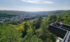Widok z punktu widokowego w Rumi na zieloną dolinę i miasto.