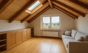Accogliente sottotetto abitabile con travi a vista in legno, divano, armadi su misura e vista panoramica.
