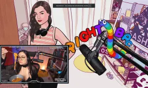 Sasha Grey w Polsce, jedząca makaron podczas transmisji na żywo. W tle kolorowe litery i rysunki.