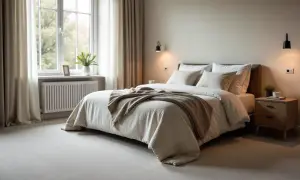 Mysigt sovrum med ljus heltäckningsmatta som ger golv sovrum inspiration. En stor säng med vita sängkläder och en beige pläd.
