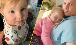 Dziecko z niebieskimi oczami i śpiące na ramieniu taty. To uroczy zespół.